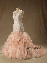 Load image into Gallery viewer, rosemoda-blush-and-ivory-lace-ruffled-organza-mermaid-wedding-dress-b.jpg
