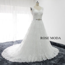 Load image into Gallery viewer, rosemoda-chantilly-lace-a-line-wedding-dress-with-removable-crystal-belt-b.jpg
