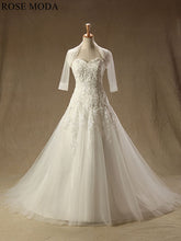 Load image into Gallery viewer, rosemoda-dropped-a-line-wedding-dress-with-removable-bolero-a.jpg
