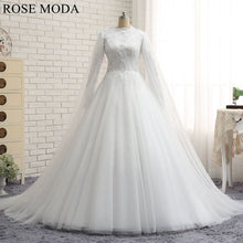 Load image into Gallery viewer, rosemoda-high-neck-long-sleeve-muslim-ball-gown-wedding-dress-a.jpg
