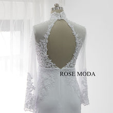 Load image into Gallery viewer, rosemoda-illusion-bodice-long-sleeve-sheath-wedding-dress-with-cut-out-back-f.jpg
