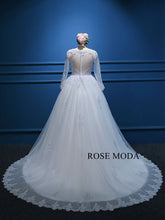 Load image into Gallery viewer, Rosemoda Illusion Bateau Neckline Encrusted Pearl Ball Gown Wedding Dress With Long Sleeve
