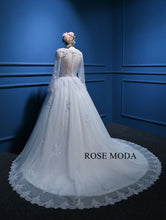 Load image into Gallery viewer, Rosemoda Illusion Bateau Neckline Encrusted Pearl Ball Gown Wedding Dress With Long Sleeve
