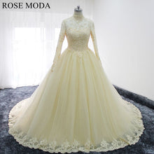 Load image into Gallery viewer, rosemoda-long-sleeve-muslim-champagne-ball-gown-wedding-dress-a.jpg
