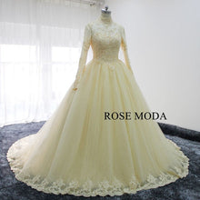 Load image into Gallery viewer, rosemoda-long-sleeve-muslim-champagne-ball-gown-wedding-dress-b.jpg
