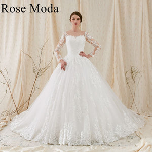 Rosemoda Nude Bateau Illusion Neckline Ball Gown Wedding Dress With Long Sleeve