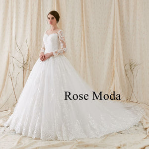 Rosemoda Nude Bateau Illusion Neckline Ball Gown Wedding Dress With Long Sleeve