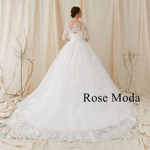 Rosemoda Nude Bateau Illusion Neckline Ball Gown Wedding Dress With Long Sleeve