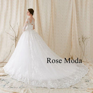 Rosemoda Nude Bateau Illusion Neckline Ball Gown Wedding Dress With Long Sleeve