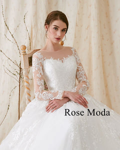 Rosemoda Nude Bateau Illusion Neckline Ball Gown Wedding Dress With Long Sleeve