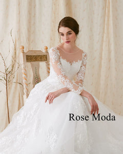 Rosemoda Nude Bateau Illusion Neckline Ball Gown Wedding Dress With Long Sleeve