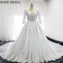 Load image into Gallery viewer, rosemoda-luxury-lace-ball-gown-wedding-dress-with-crystal-belt-a.jpg
