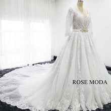 Load image into Gallery viewer, rosemoda-luxury-lace-ball-gown-wedding-dress-with-crystal-belt-b.jpg
