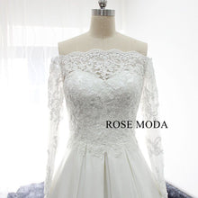 Load image into Gallery viewer, rosemoda-off-the-shoulder-long-sleeve-lace-satin-wedding-dress-d.jpg
