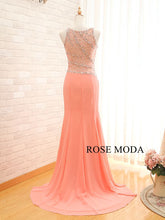 Load image into Gallery viewer, rosemoda-peach-beading-chiffon-fitted-sheath-prom-dress-c.jpg
