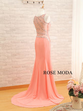 Load image into Gallery viewer, rosemoda-peach-beading-chiffon-fitted-sheath-prom-dress-d.jpg
