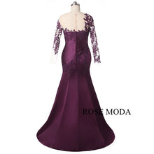 Load image into Gallery viewer, rosemoda-purple-long-sleeve-mermaid-satin-mother-dress-d.jpg
