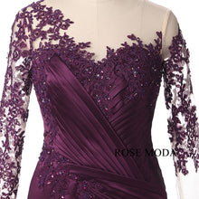 Load image into Gallery viewer, rosemoda-purple-long-sleeve-mermaid-satin-mother-dress-e.jpg
