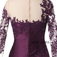 Load image into Gallery viewer, rosemoda-purple-long-sleeve-mermaid-satin-mother-dress-g.jpg
