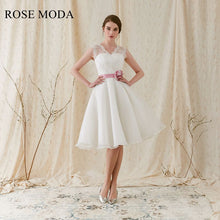 Load image into Gallery viewer, Rosemoda Organza Tea-length Wedding Dress with Rose Pink Belt
