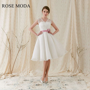 Rosemoda Organza Tea-length Wedding Dress with Rose Pink Belt