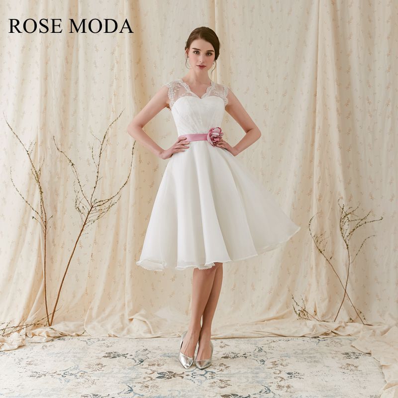 Rosemoda Organza Tea-length Wedding Dress with Rose Pink Belt