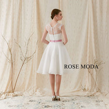 Load image into Gallery viewer, Rosemoda Organza Tea-length Wedding Dress with Rose Pink Belt
