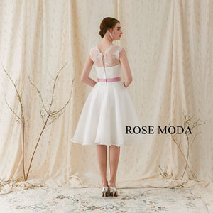 Rosemoda Organza Tea-length Wedding Dress with Rose Pink Belt