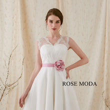 Load image into Gallery viewer, Rosemoda Organza Tea-length Wedding Dress with Rose Pink Belt
