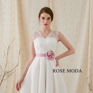 Rosemoda Organza Tea-length Wedding Dress with Rose Pink Belt