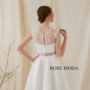 Rosemoda Organza Tea-length Wedding Dress with Rose Pink Belt