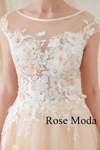 Rosemoda Champagne A Line Wedding Dress Bateau Neckline With Petal Lace