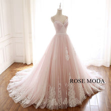 Load image into Gallery viewer, rosmeoda-ivory-lace-over-blush-ball-gown-wedding-dress-b.jpg
