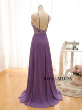 Load image into Gallery viewer, rosmeoda-purple-beaded-chiffon-a-line-prom-dress-c.jpg
