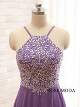 Load image into Gallery viewer, rosmeoda-purple-beaded-chiffon-a-line-prom-dress-d.jpg
