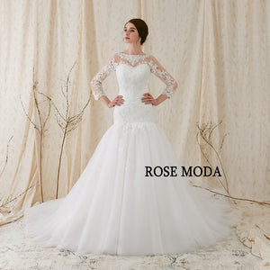 Rosemoda Custom Made Trumpet Wedding Dress With Three Quarter Sleeve Lace Bridal Gown