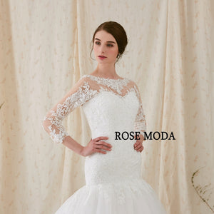 Rosemoda Custom Made Trumpet Wedding Dress With Three Quarter Sleeve Lace Bridal Gown