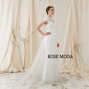 Rosemoda Custom Made Sheath Short Sleeve Elegant Bridal Gown With Key Hole Back