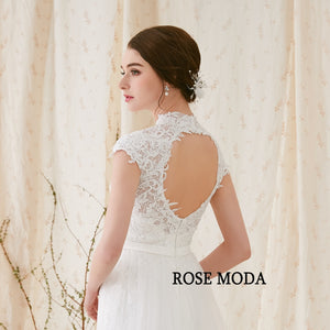 Rosemoda Custom Made Sheath Short Sleeve Elegant Bridal Gown With Key Hole Back