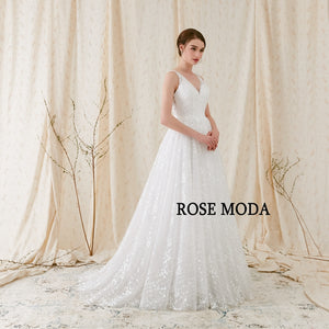 Rosemoda V neck A Line Wedding Dress With Key Hole Back Bridal Gown