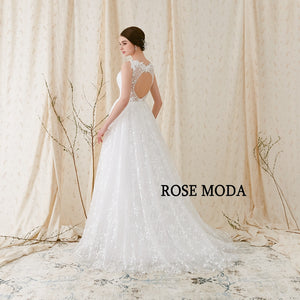 Rosemoda V neck A Line Wedding Dress With Key Hole Back Bridal Gown