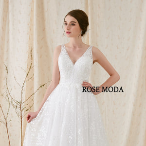 Rosemoda V neck A Line Wedding Dress With Key Hole Back Bridal Gown