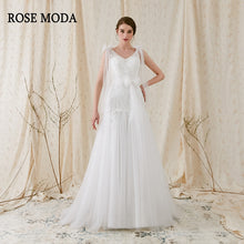 Load image into Gallery viewer, Rosemoda V Neck Lace Fit and Flare Trumpet Wedding Dress With Open Back
