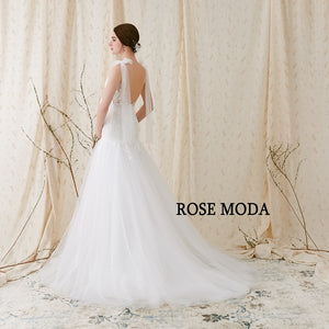 Rosemoda V Neck Lace Fit and Flare Trumpet Wedding Dress With Open Back