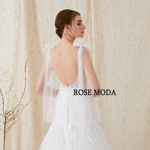 Rosemoda V Neck Lace Fit and Flare Trumpet Wedding Dress With Open Back