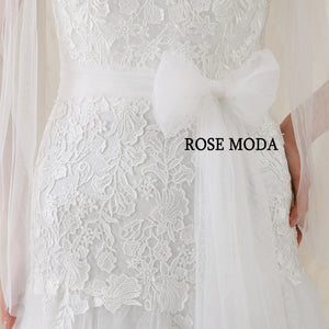 Rosemoda V Neck Lace Fit and Flare Trumpet Wedding Dress With Open Back