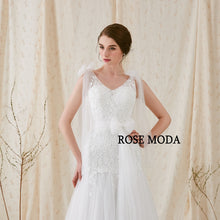 Load image into Gallery viewer, Rosemoda V Neck Lace Fit and Flare Trumpet Wedding Dress With Open Back
