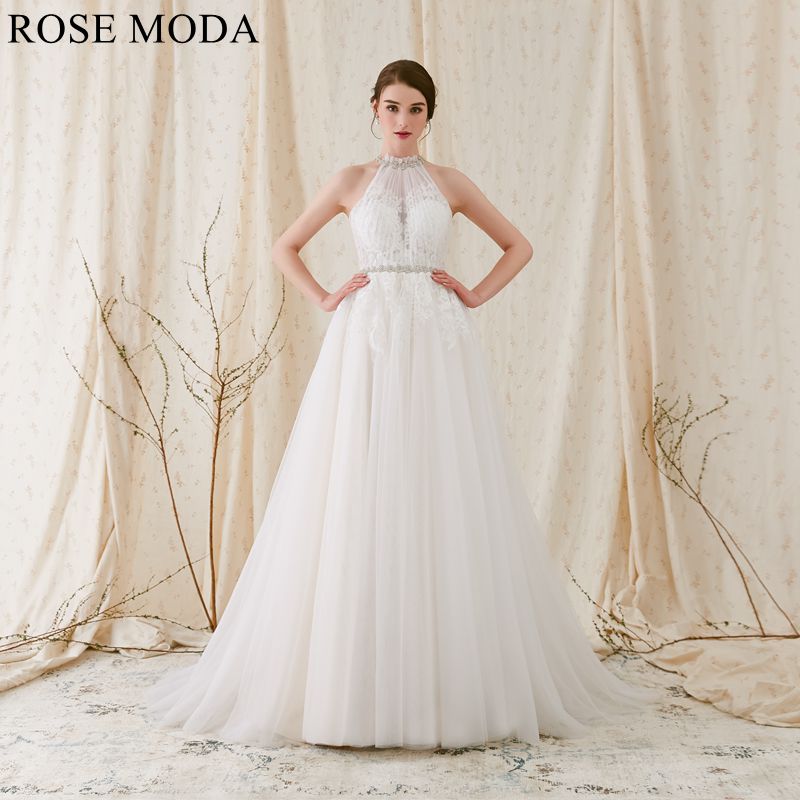 Rosemoda Boho Crystal Halter A Line Wedding Dress