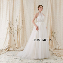 Load image into Gallery viewer, Rosemoda Boho Crystal Halter A Line Wedding Dress
