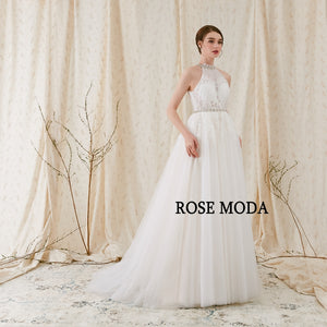 Rosemoda Boho Crystal Halter A Line Wedding Dress